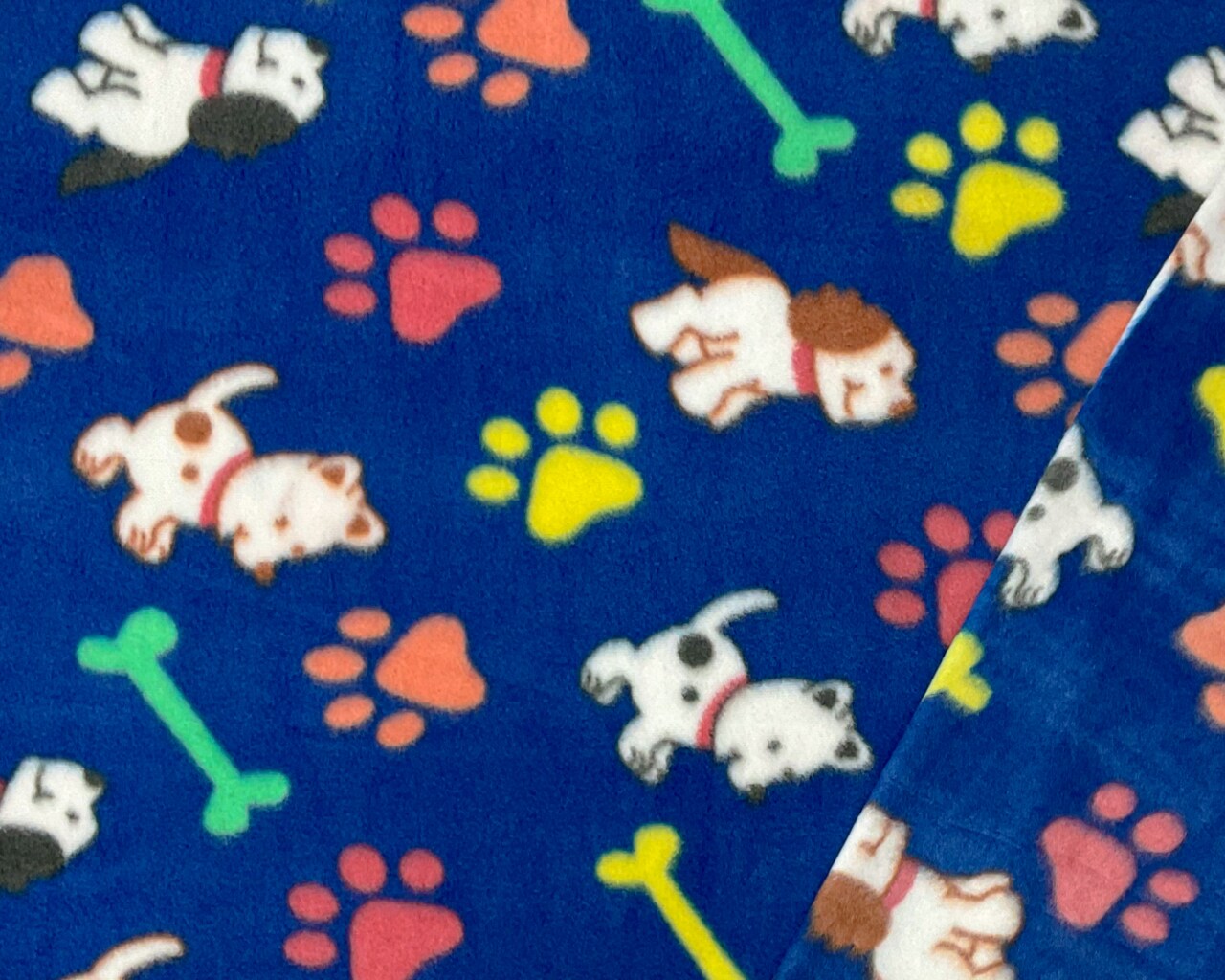 Blue-White-Multi Polyester Dog Printed Polar Fleece Knit Fabric By the Yard